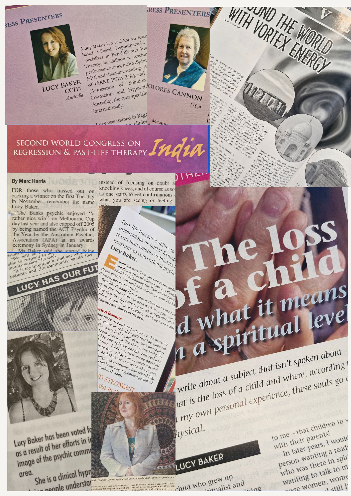 A collage of press cuttings featuring Lucy Baker — the Second World Congress on Regression & Past-Life Therapy in India, ACT Psychic of the Year, articles on vortex energy, past-life therapy and the loss of a child